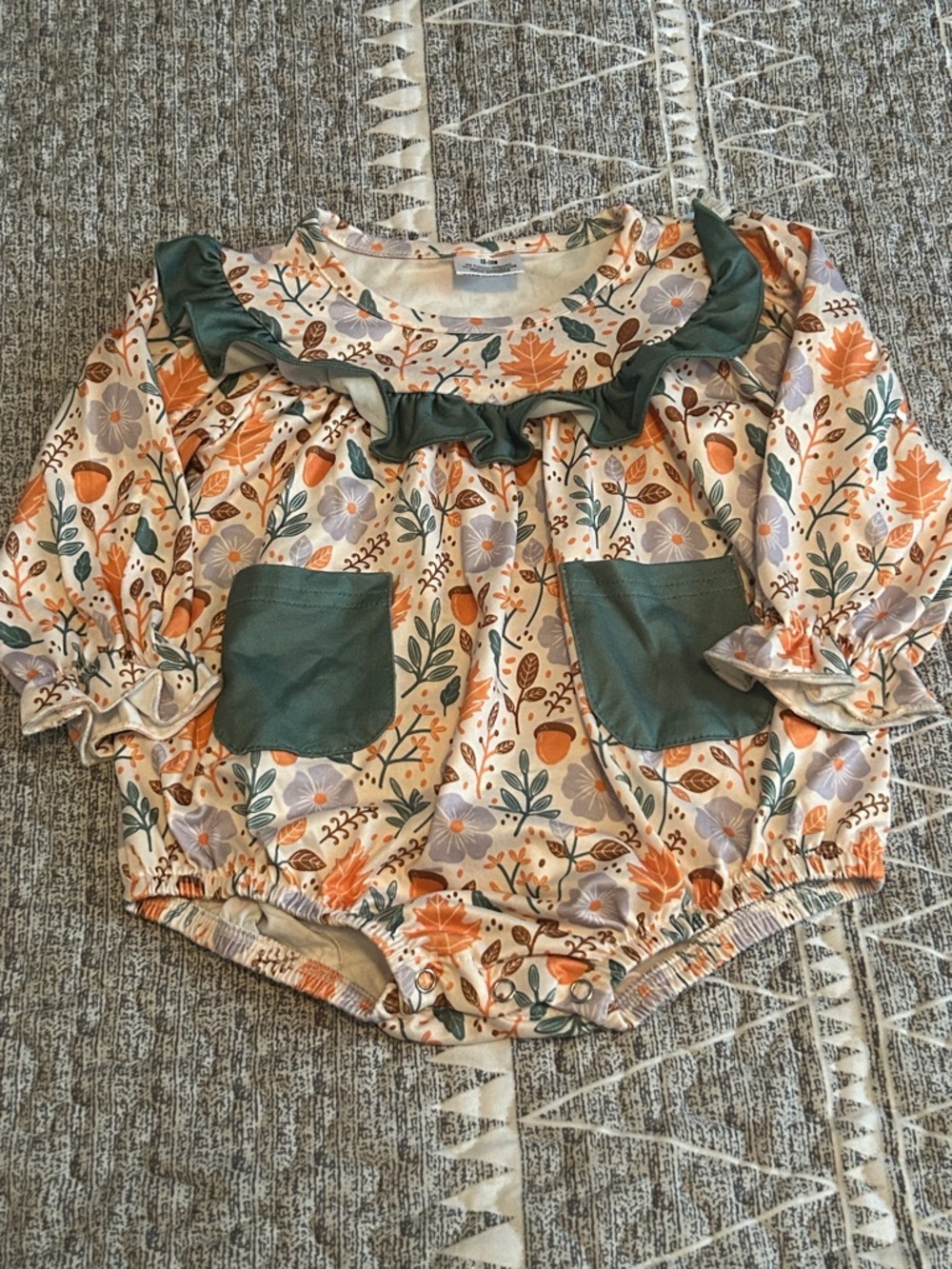 Floral Ruffle Pocket Baby One-Piece Bodysuit - Green Accents